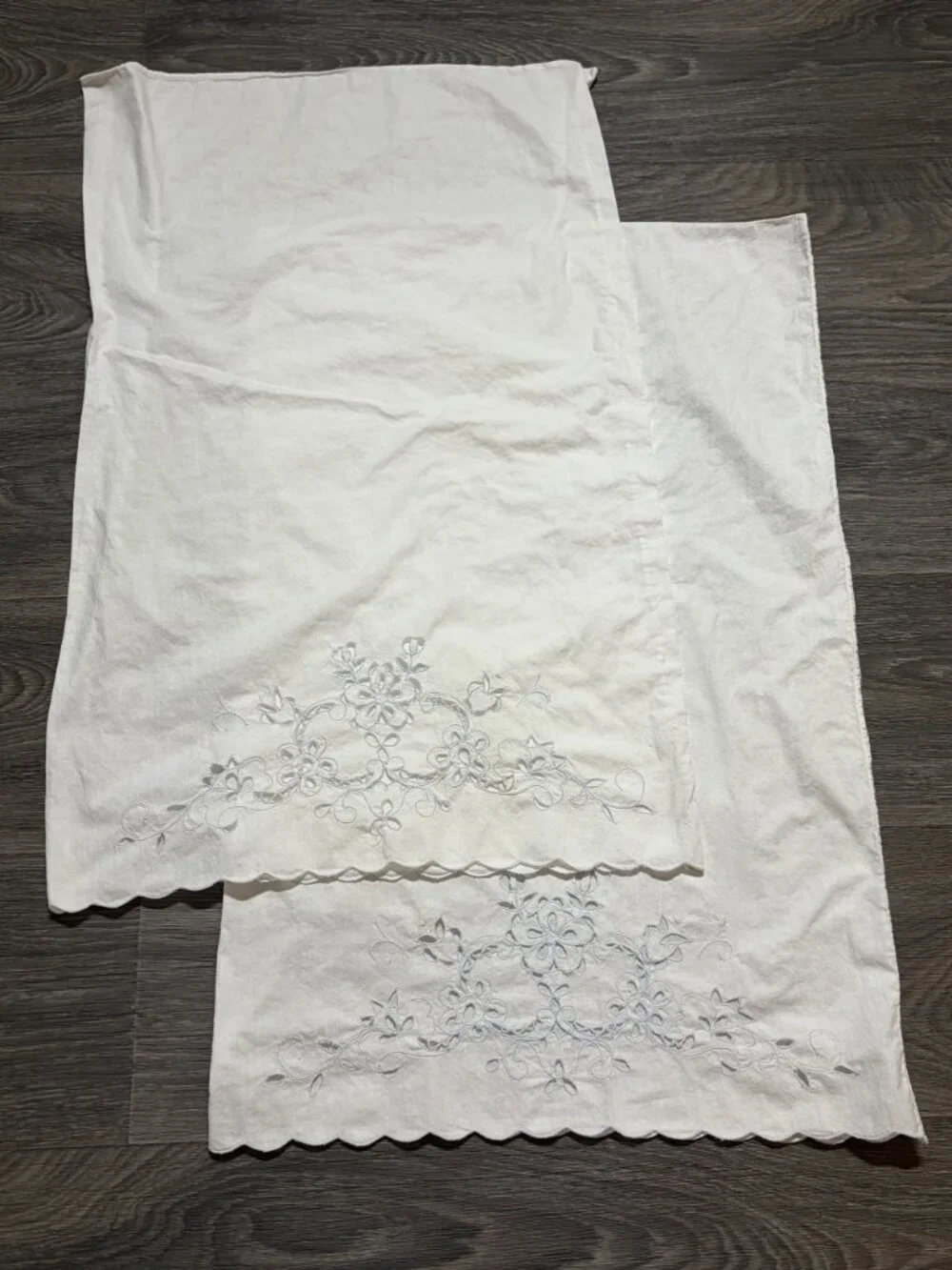 Vintage White Pillowcase Scalloped Edge Floral Embroidery Standard Queen Set of